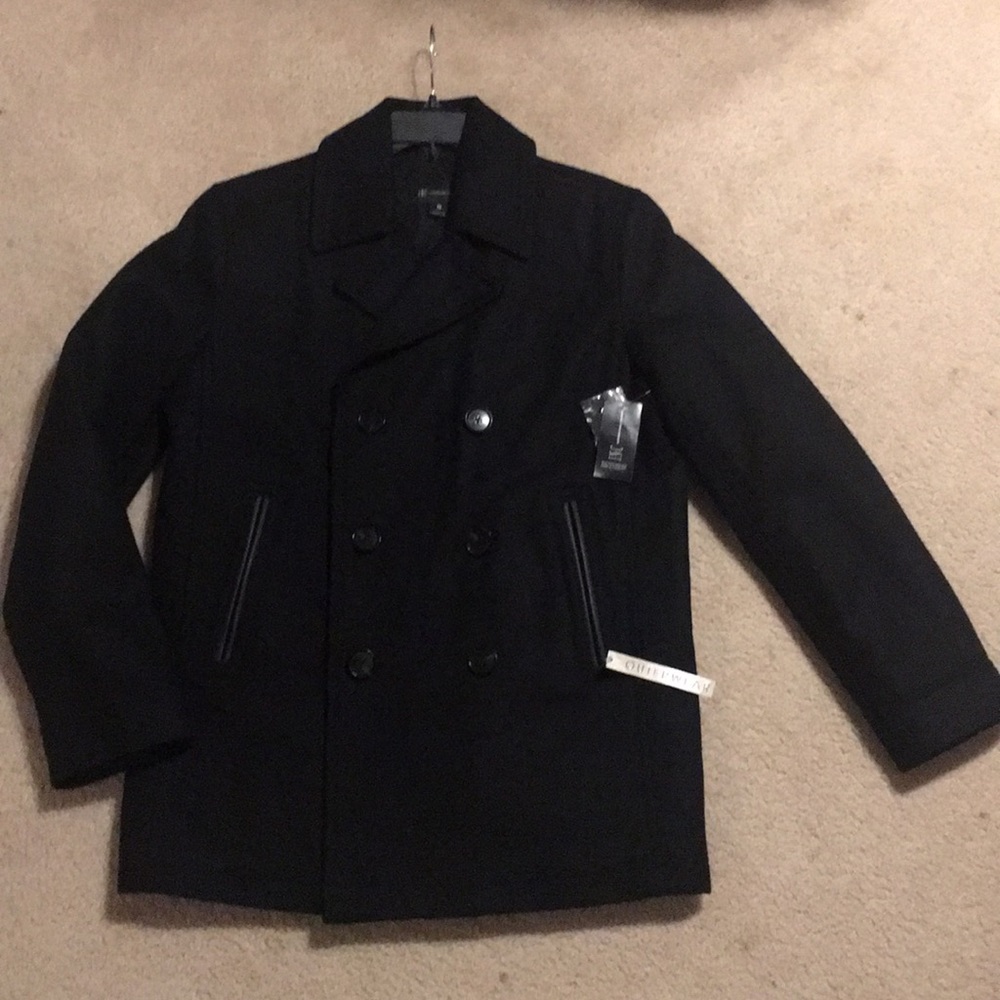 I-N-C Mens Wool Double Breasted Pea Coat Black - Picture 2 of 3
